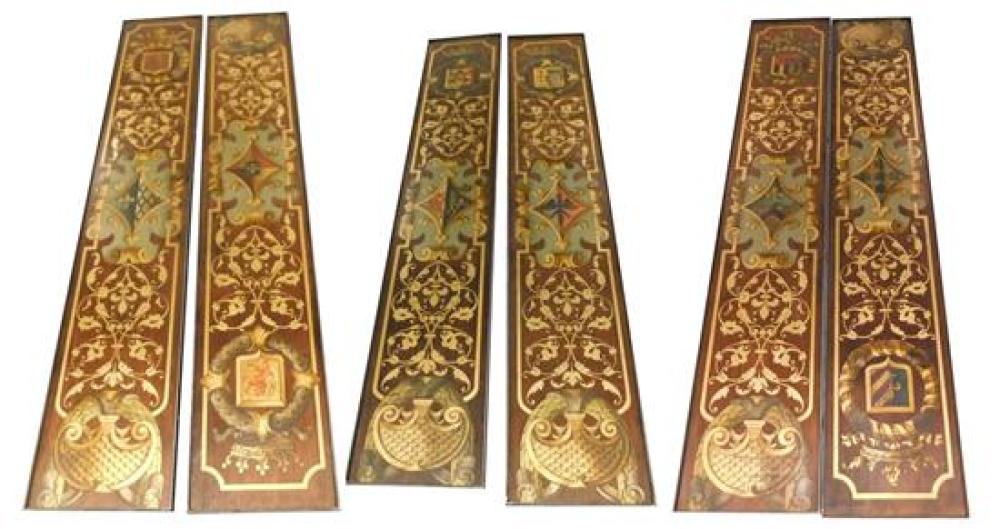 Appraisal: Six painted oblong mahogany panels in metal frames panels likely