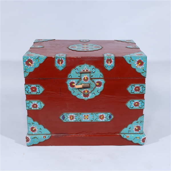 Appraisal: Red Chinese chest with cloisonne hardware and accents with removable