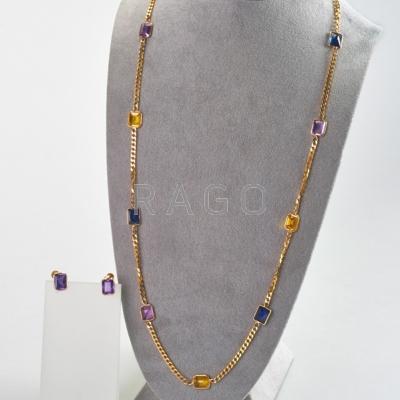 Appraisal: K GOLD GEM LONG CHAIN AND EARRINGS Curb link and