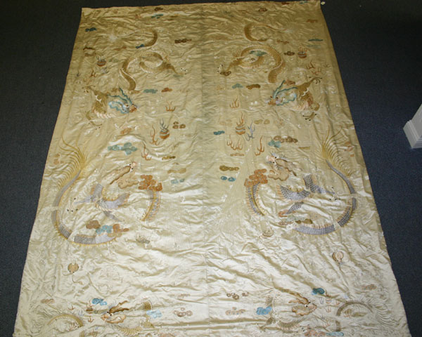 Appraisal: Silk panels depicting pairs of mythological beasts serpents Overall x