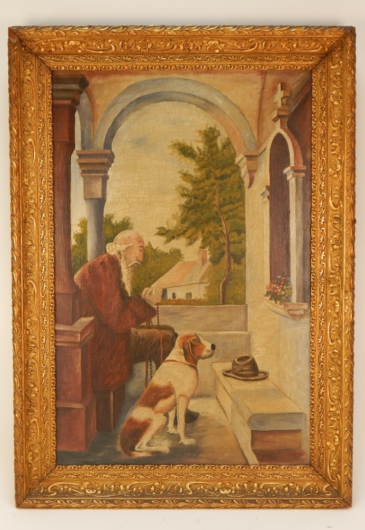 Appraisal: C VICTORIAN O C PAINTING OF A PRAYING MAN DOG