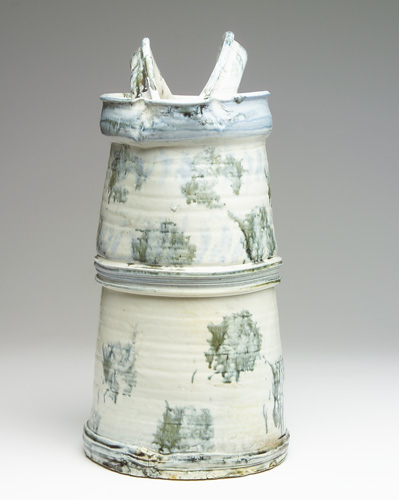 Appraisal: BETTY WOODMAN Tall porclain vessel with two handles sponge-painted in