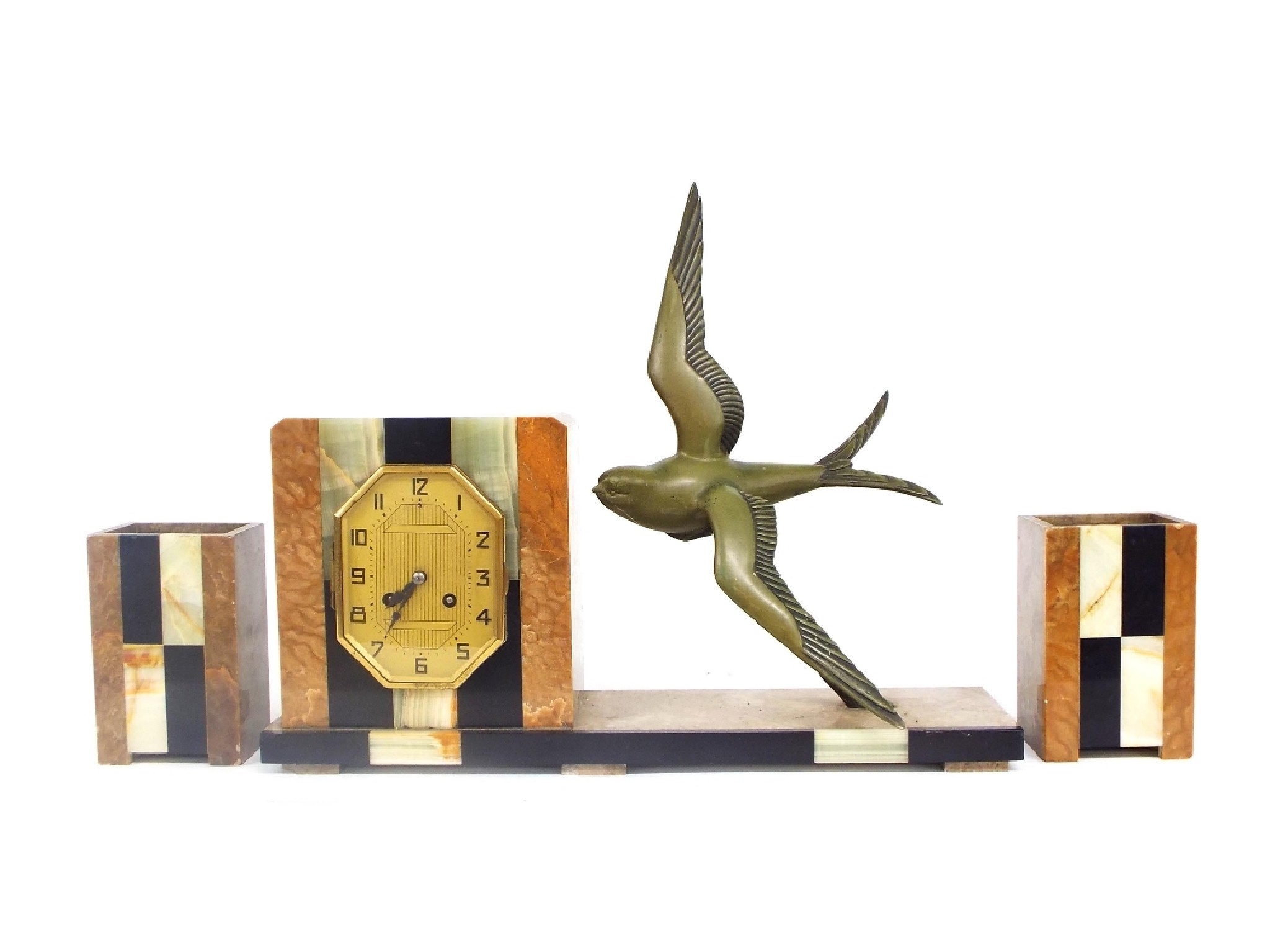 Appraisal: Art Deco marble and onyx figural two train mantel clock