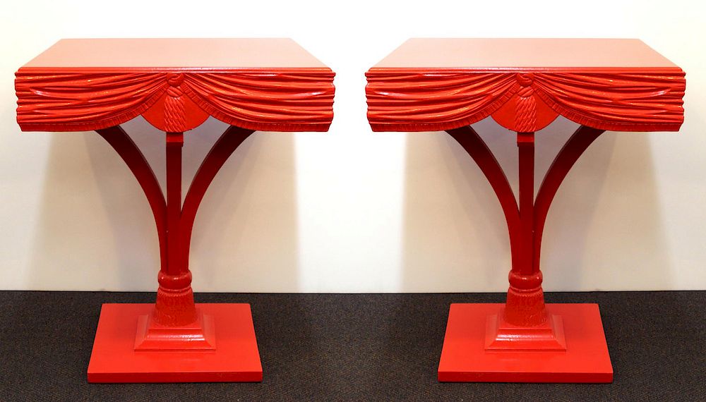 Appraisal: Red Side Tables with Sculpted Wood Drapery Pair Pair of