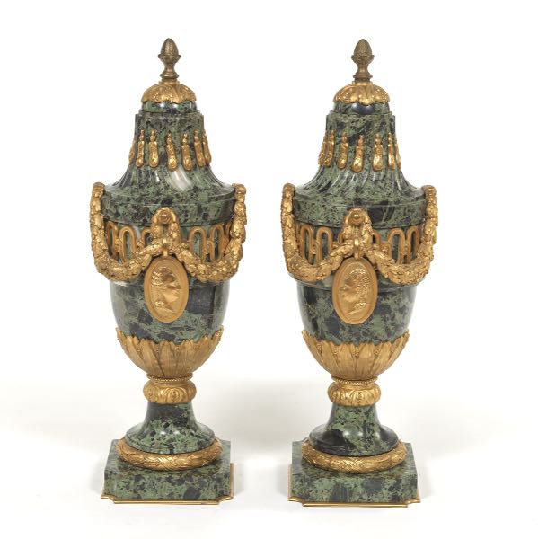 Appraisal: PAIR OF LOUIS XVI STYLE D'ORE BRONZE AND GREEN PORPHYRY