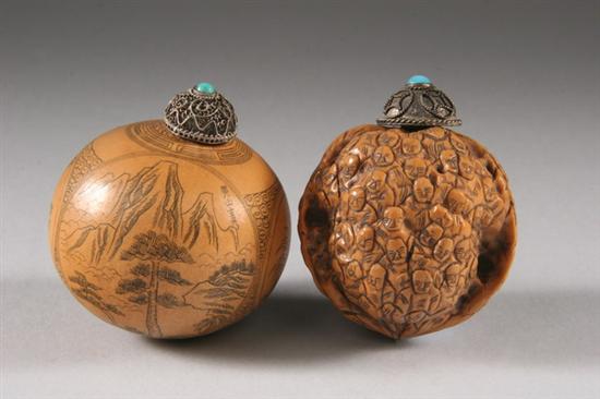 Appraisal: TWO CHINESE SNUFF BOTTLES A walnut snuff bottle carved with