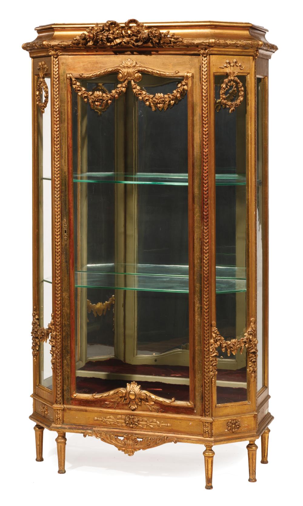 Appraisal: Louis XVI-Style Carved Giltwood Vitrine flat molded top canted corners