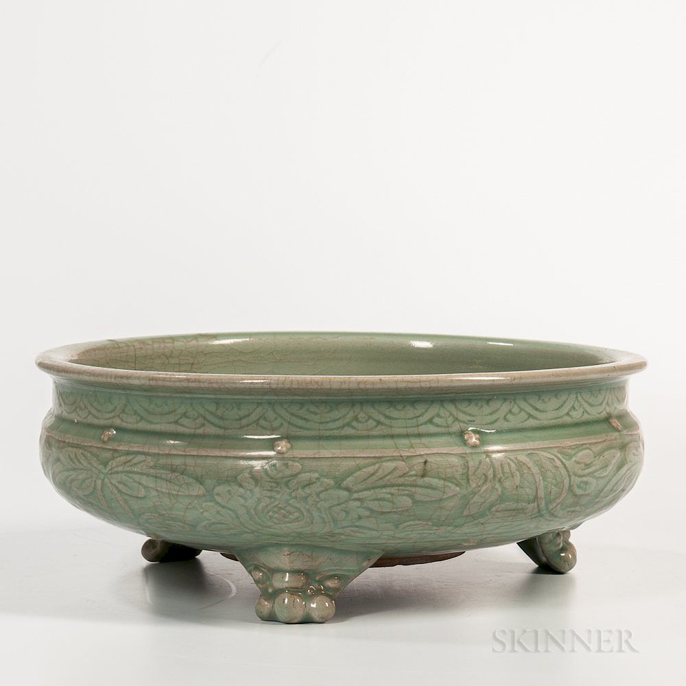 Appraisal: Large Longquan Celadon Tripod Censer Large Longquan Celadon Tripod Censer