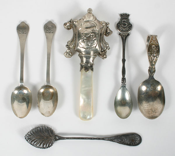 Appraisal: Sterling baby items including an English rattle with mother of