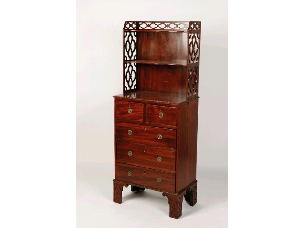 Appraisal: A GEORGE III MAHOGANY LIBRARY CABINET with open shelves supported