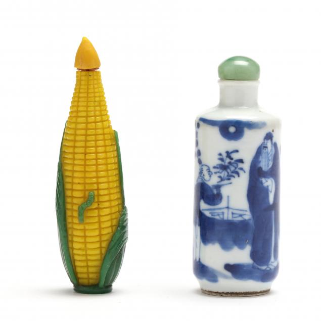 Appraisal: TWO CHINESE SNUFF BOTTLES Includes a cylinder shaped porcelain snuff