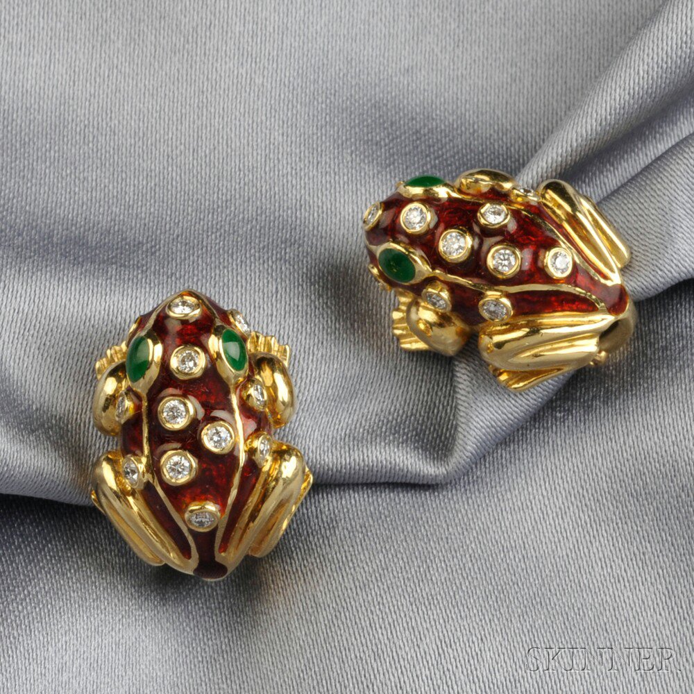 Appraisal: kt Gold Enamel and Diamond Frog Earclips David Webb each