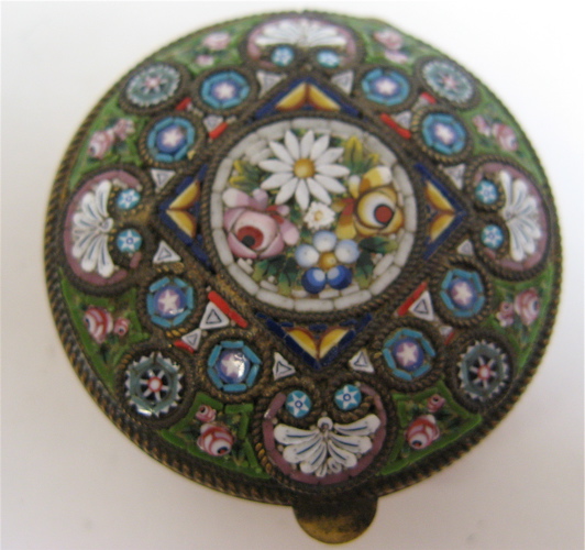 Appraisal: FRENCH ENAMELED MOSAIC PILLBOX the hinged lid with center cartouche