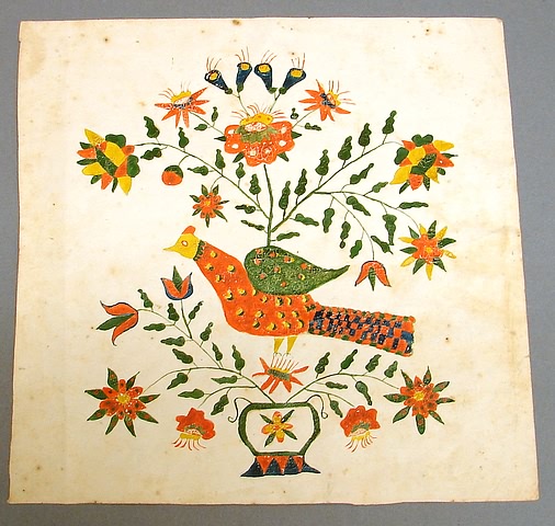 Appraisal: Orange bird with green wings in colorful flowering plant in