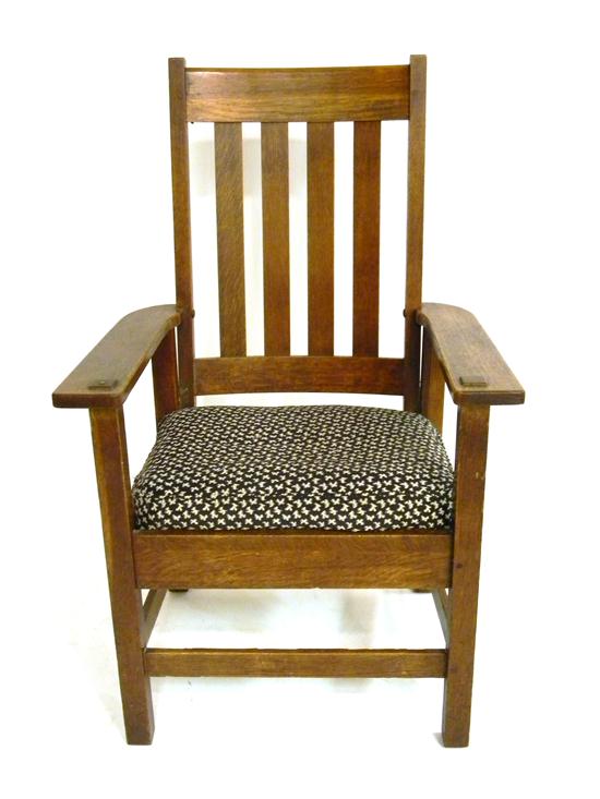 Appraisal: Stickley Quaint oak arm chair slatted seat support quadralinear posts