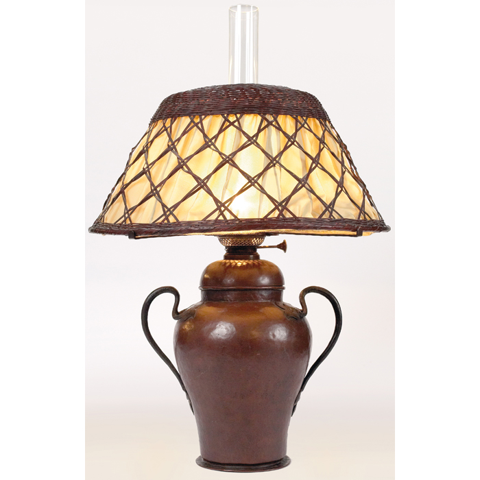 Appraisal: Gustav Stickley lamp hammered copper base with riveted wrought iron