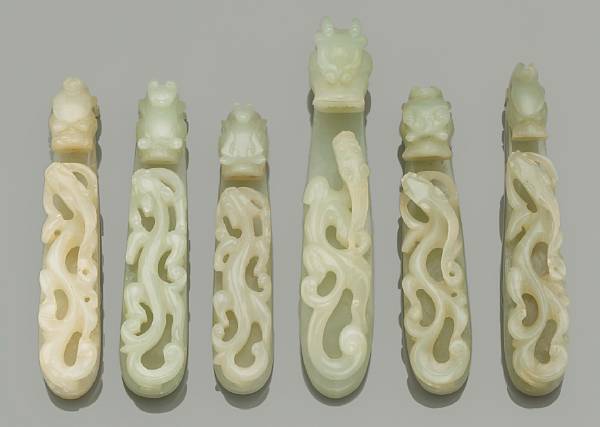 Appraisal: Six nephrite belt hooks th Century and Later Each similarly