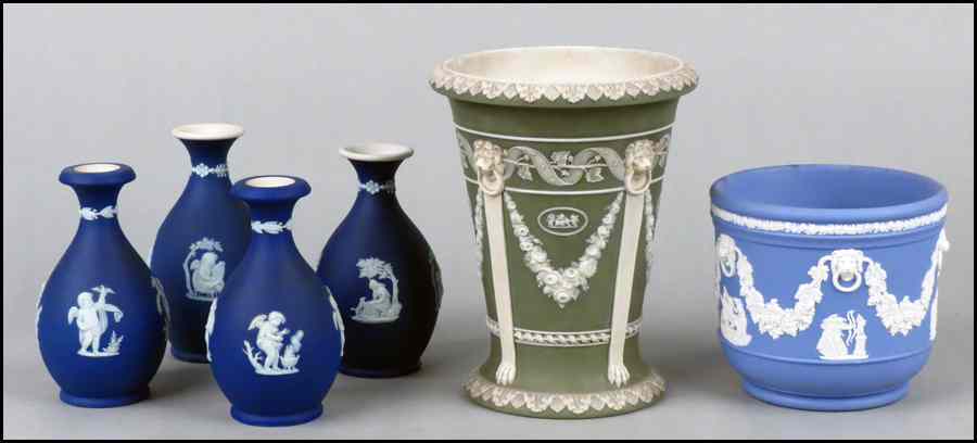 Appraisal: WEDGWOOD GREEN JASPERWARE VASE Together with four Wedgwood Jasperware bud