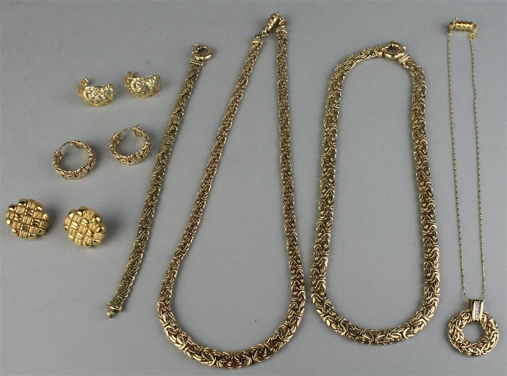 Appraisal: K GOLD BYZANTINE NECKLACES BRACELET PENDANT EARRINGS DWTS to include