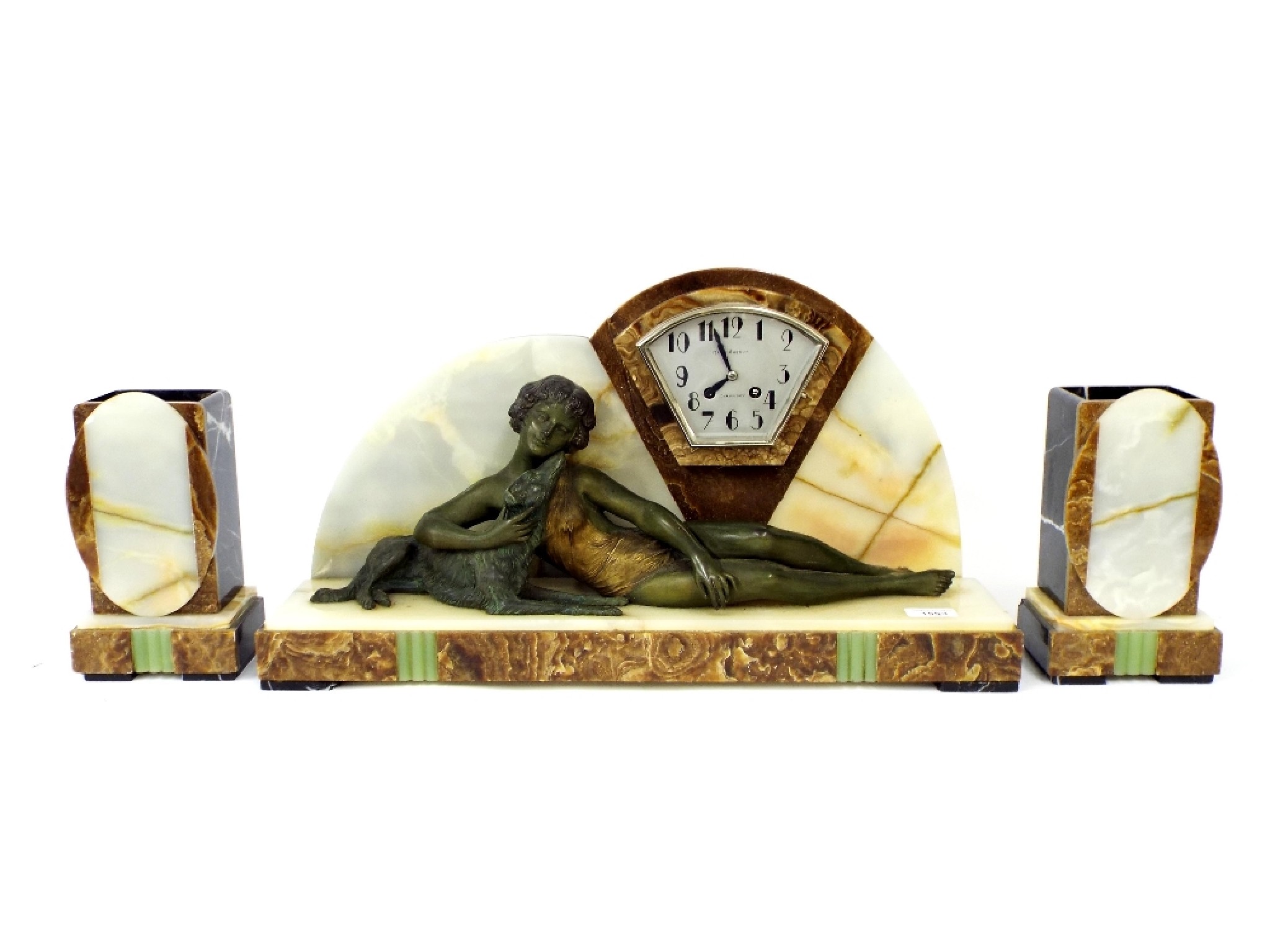 Appraisal: Art Deco marble and onyx figural mantel clock garniture the