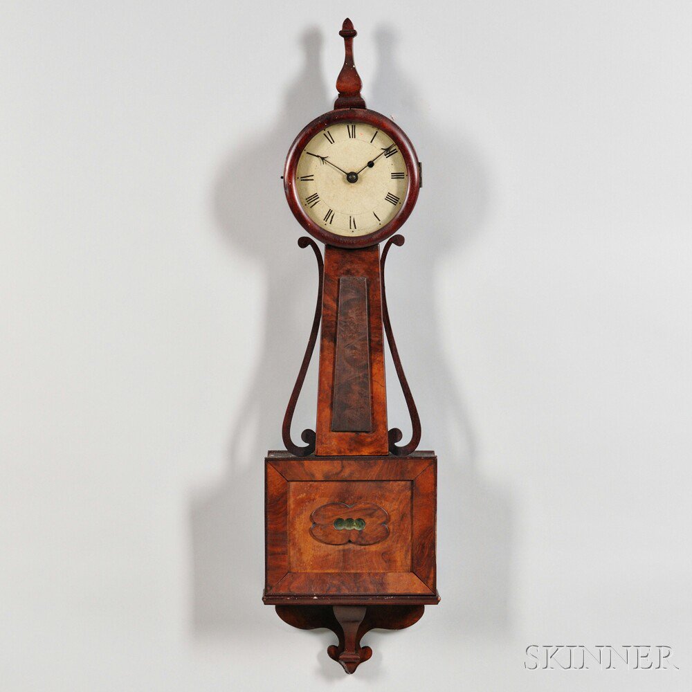 Appraisal: Mahogany Paneled Timepiece or Banjo Clock Roman numeral painted iron