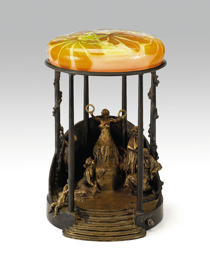 Appraisal: Galle cameo glass Austrian bronze lamp circa The circular domed