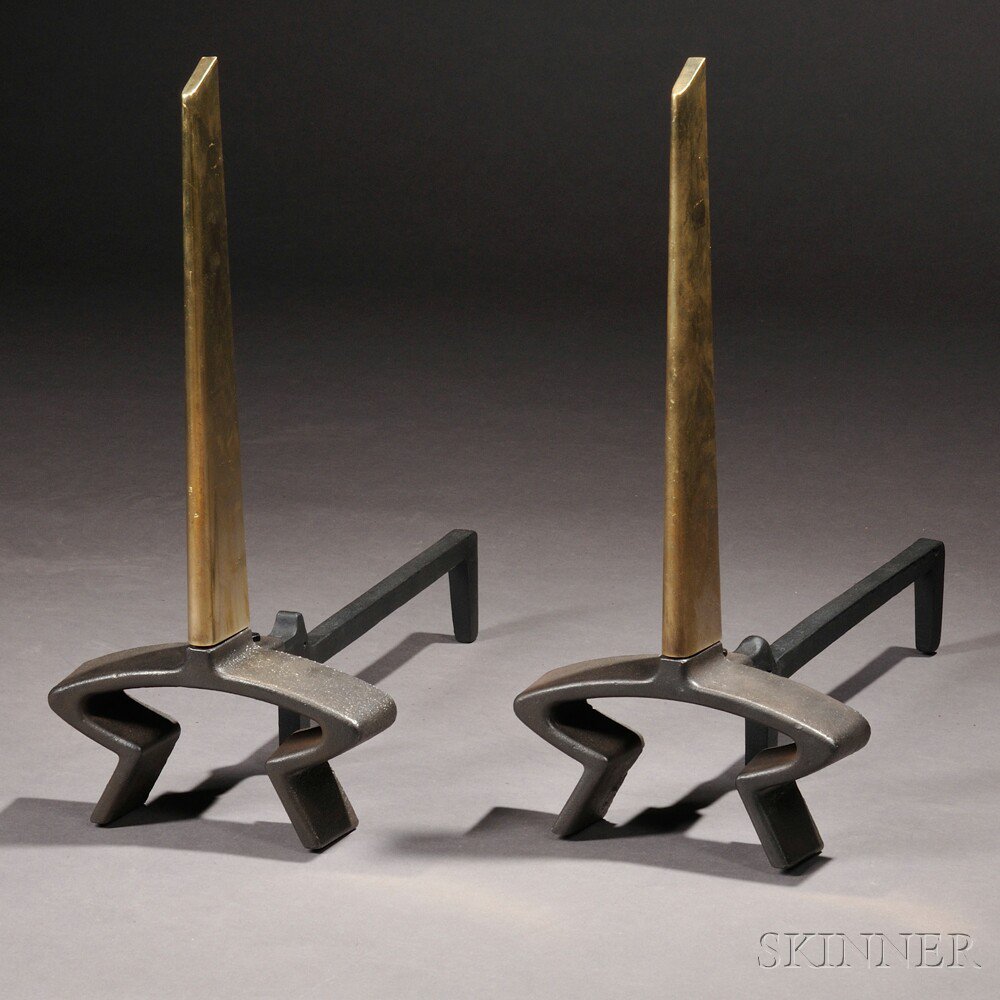 Appraisal: Pair of Donald Deskey Designed Brass-topped Andirons probably Bennett United