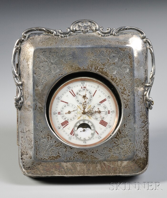 Appraisal: Triple Calendar Watch and Silver Easel Frame Switzerland circa the