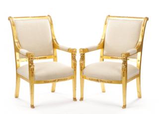 Appraisal: Pair of Flax Linen Giltwood Empire Style Fauteuils th century