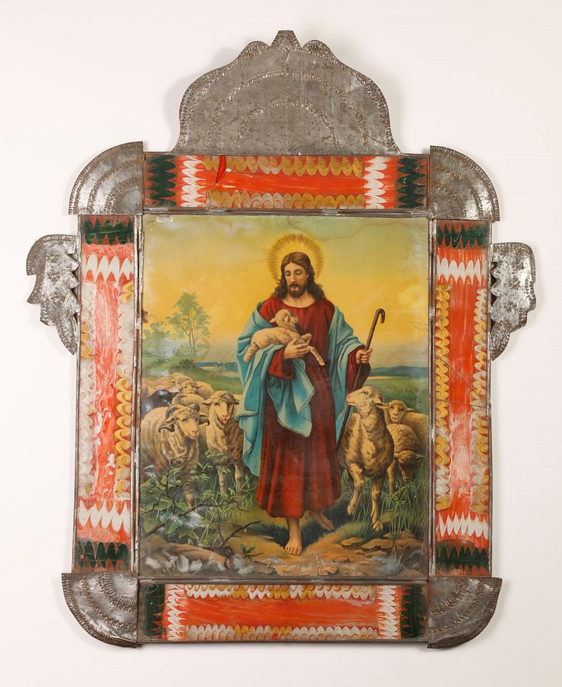 Appraisal: Tin Frame with Devotional Print ca Attributed to Isleta Tinsmith