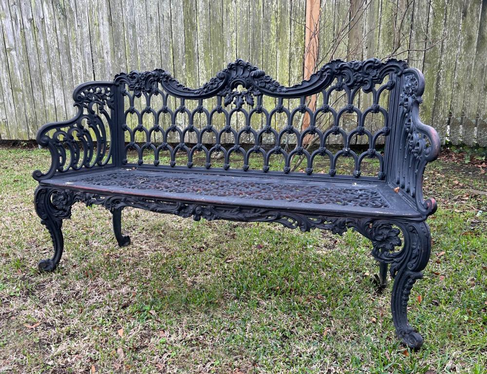 Appraisal: PATINATED METAL GOTHIC PATTERN GARDEN BENCHPatinated Metal Gothic Pattern Garden