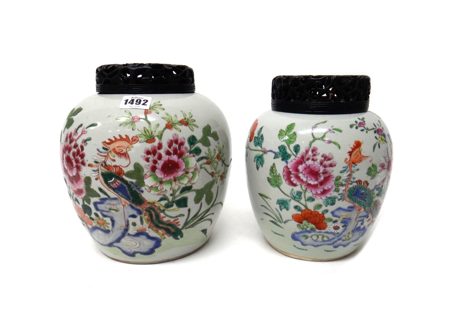 Appraisal: Two Chinese famille-rose ovoid jars th century each painted with