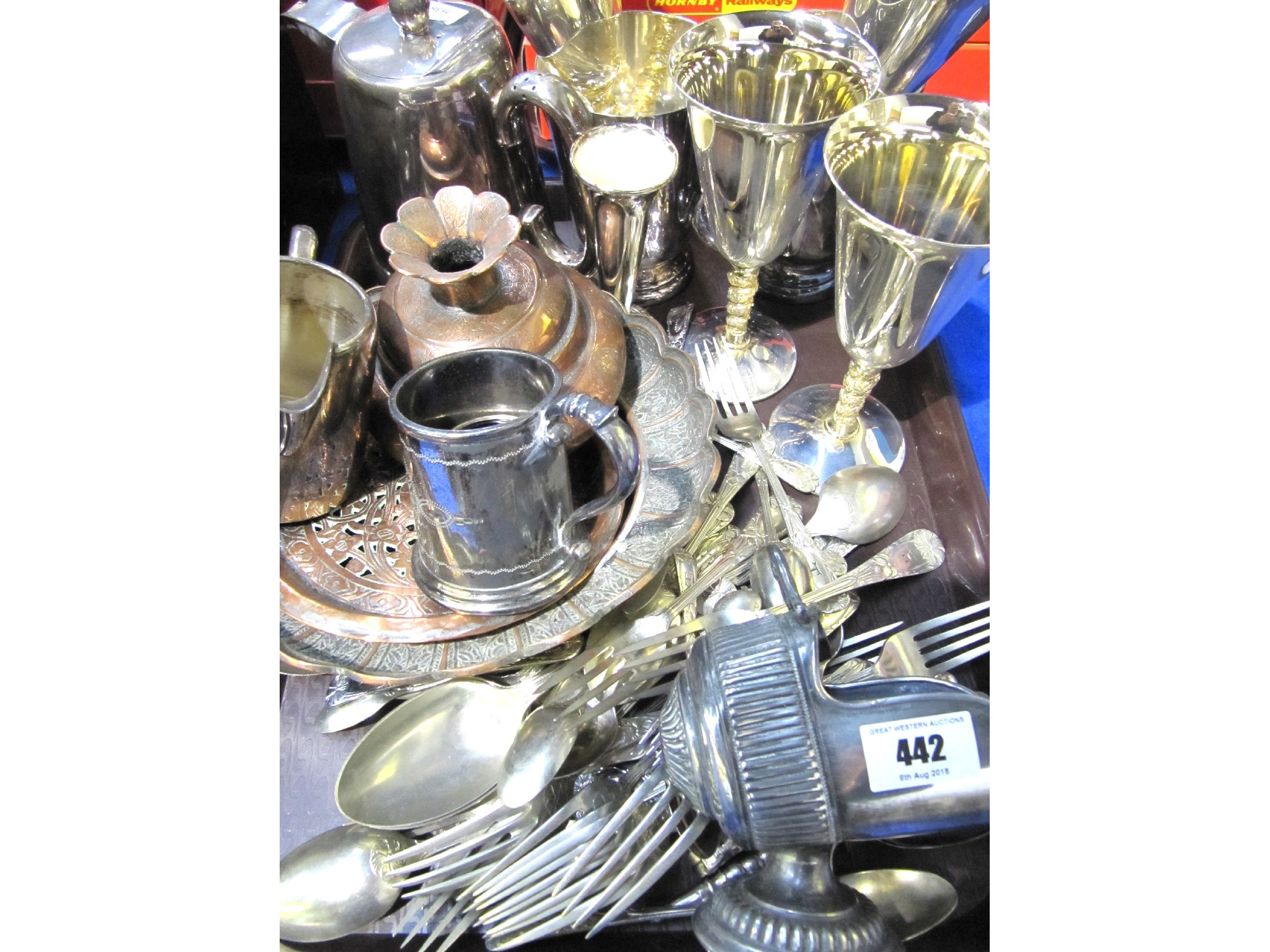 Appraisal: A tray lot of EP - goblet hotelware sugar scuttle