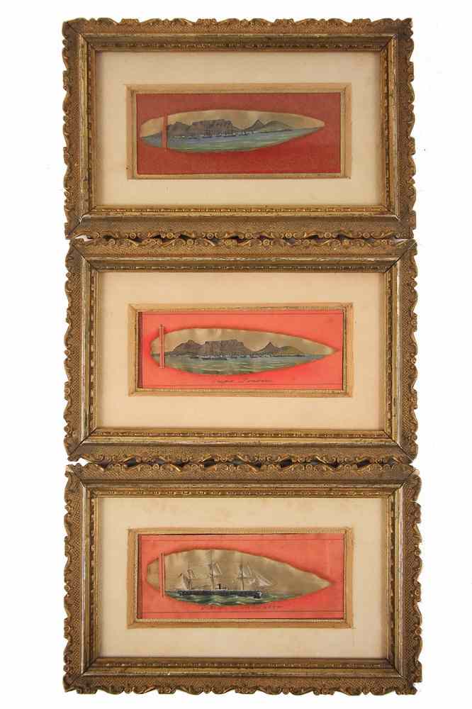 Appraisal: CHINESE LEAF PAINTINGS - Three Miniature Chinese Trade Nautical Paintings