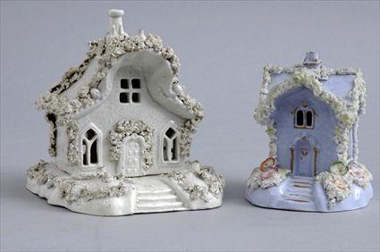 Appraisal: TWO STAFFORDSHIRE COTTAGE-FORM PASTILLE BURNERS The one ivory glazed with