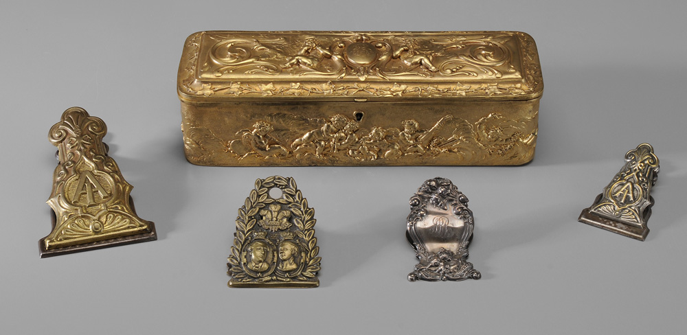 Appraisal: Gilt Bronze Jewelry Box Four Brass and Silver Letter Clips