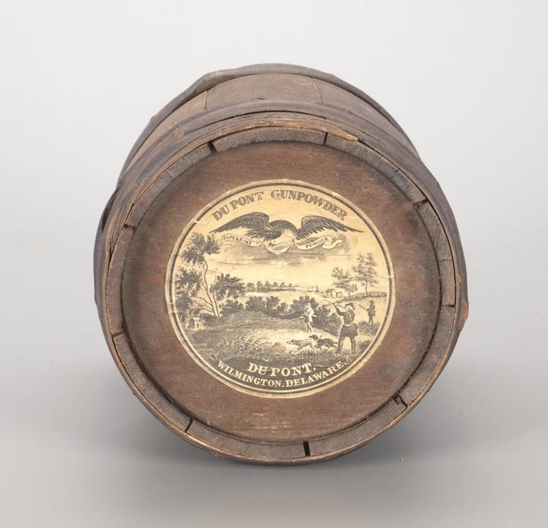 Appraisal: in tall Circular wooden keg with label Du Pont Gunpowder