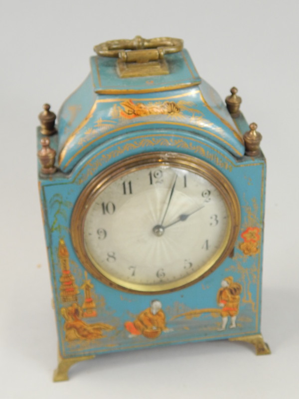 Appraisal: An early thC blue Japanned mantel clock with a silvered