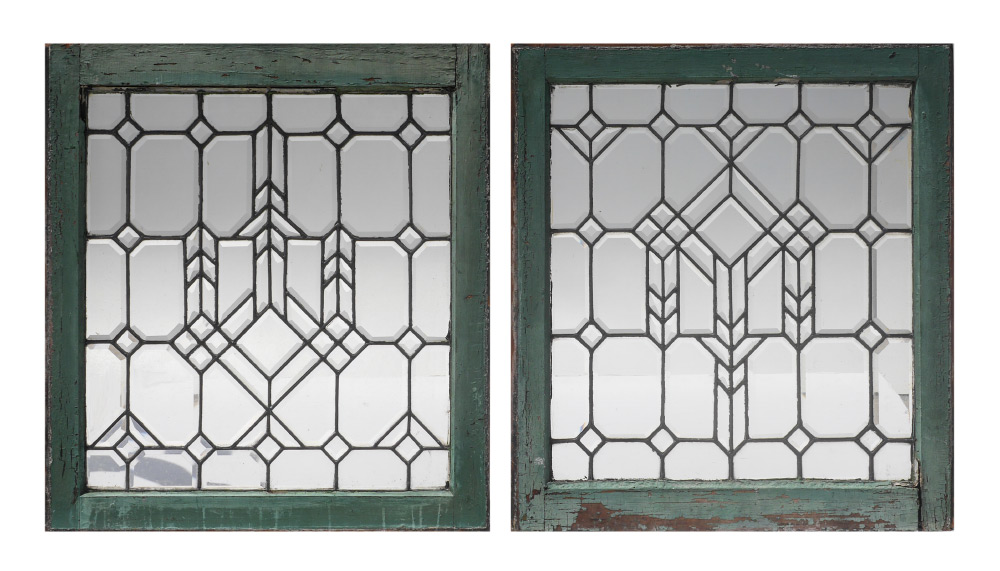 Appraisal: PAIR ART DECO BEVELED LEADED GLASS PANELS Geometric Art Deco