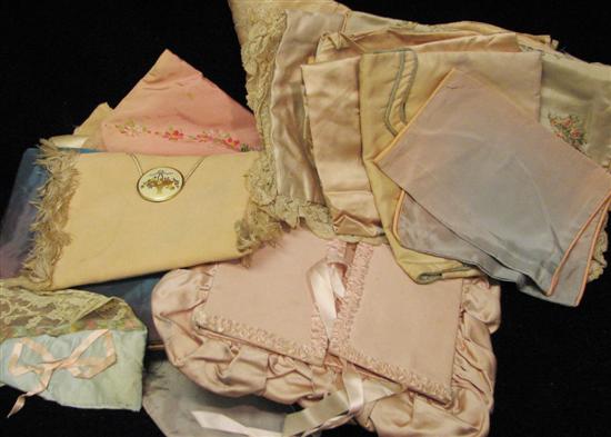 Appraisal: Silk and satin many embroidered pieces lingerie bags and boxes