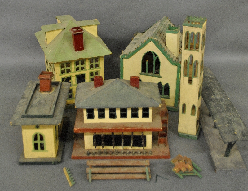 Appraisal: - Six s wood paper Christmas villages Largest building h