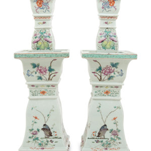 Appraisal: A Pair of Famille Verte Porcelain Candlesticks th Century Height