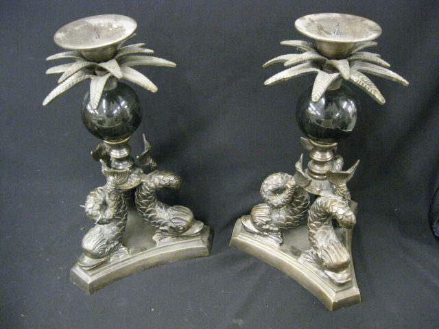 Appraisal: Pair of Decorator Bronze Candle Holders with dolphin base tall