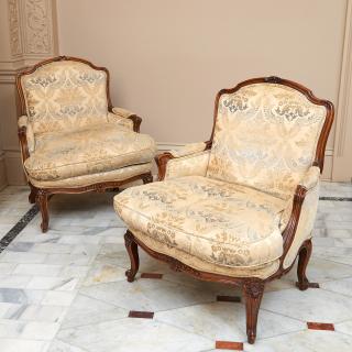 Appraisal: Pair oversized Louis XV style beechwood bergeres Pair oversized Louis