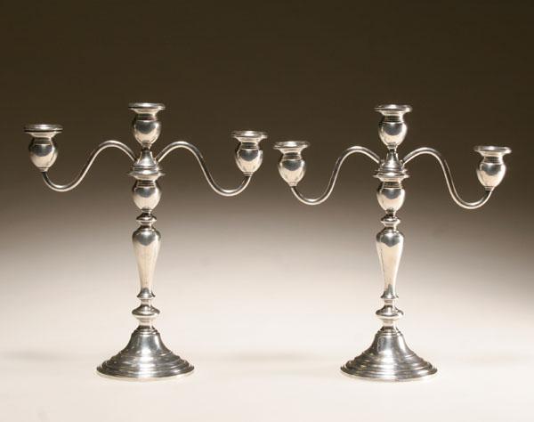 Appraisal: A pair of Wallace sterling three light candelabra the scrolling