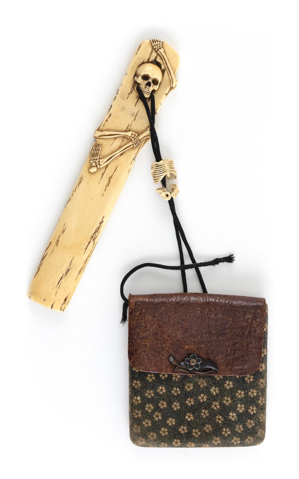 Appraisal: LEATHER AND FABRIC TOBACCO POUCH LATE MEIJI PERIOD EARLY TH