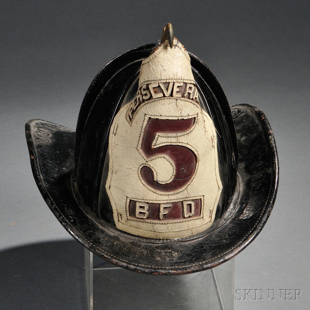 Appraisal: Black Leather Fire Helmet with brass high-eagle and shield Perseverance