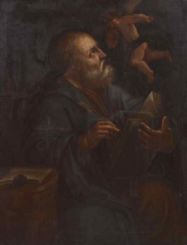 Appraisal: EARLY RELIGIOUS PAINTING ST MATTHEW AND ANGEL Possibly th Century