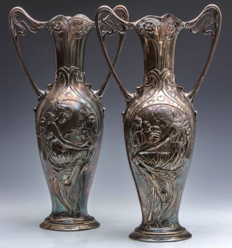 Appraisal: A PAIR -INCH ART NOUVEAU VASES WITH LADIES SIGNED WMF