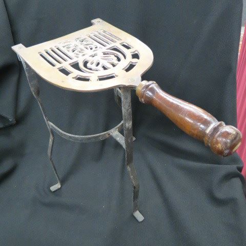 Appraisal: Brass and Iron Fireplace Kettle Stand wood handle